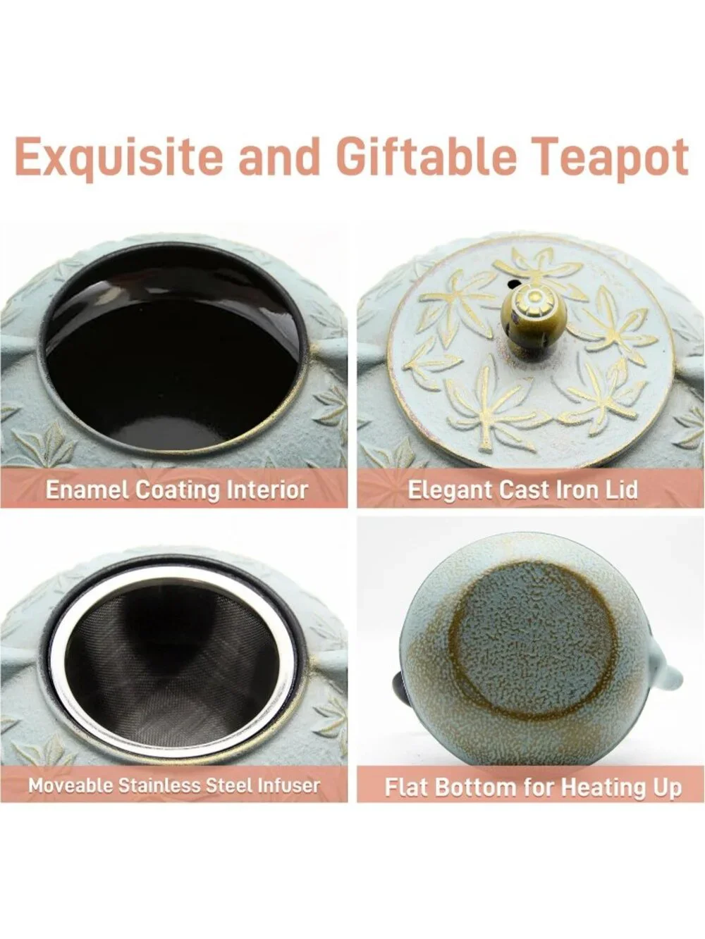 Blue Cast Iron Kitchen Japanese Teapot 30.4oz Stovetop Maple Leaves  Infuser